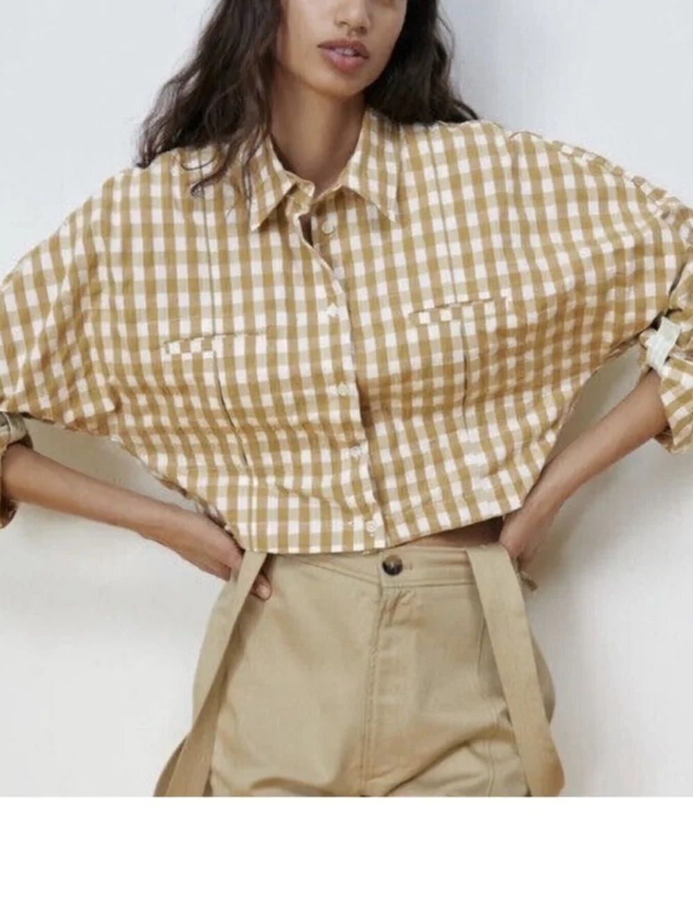 Zara Cropped Gingham Button-Up blouse/ Jacket NWOT Size Medium